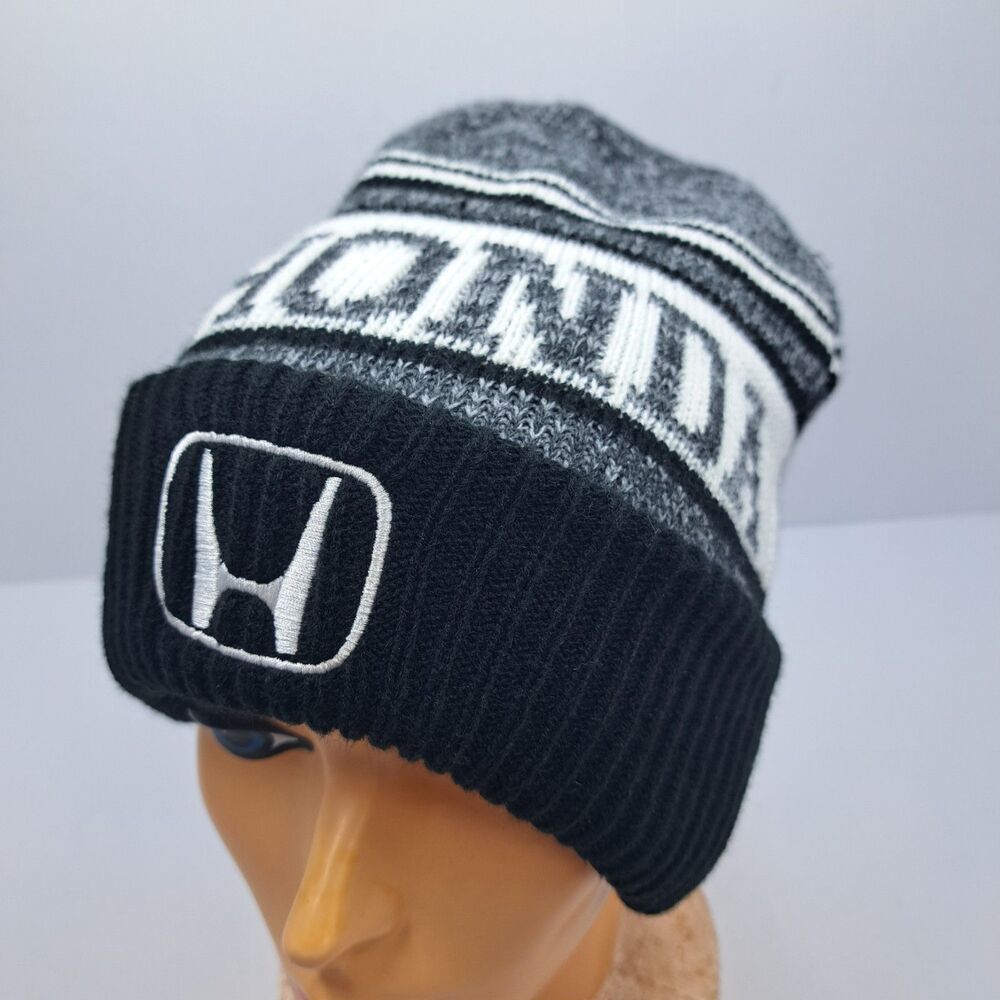 Honda Knit Beanie Hat Black Grey White Spellout Logo Racing Winter Cap